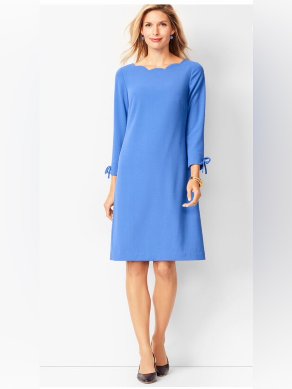 Talbots Scalloped Neck Blue Shift Dress Minimalist Wedding Guest Size 12P